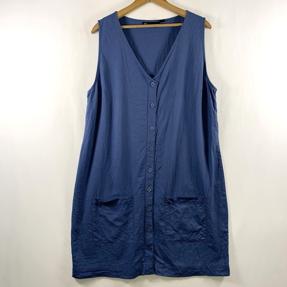 Womens Linen Blend Button Front Shift Dress XL Blue Coastal Minimalist Pockets